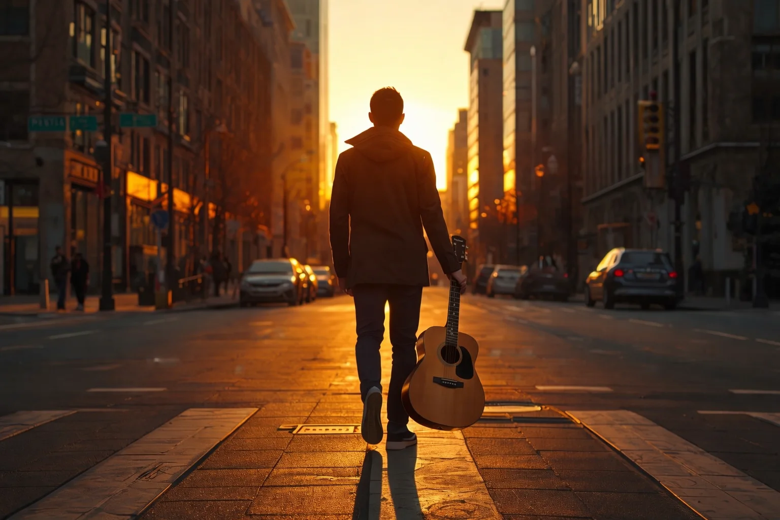 Músico con una guitarra caminando por la ciudad al atardecer